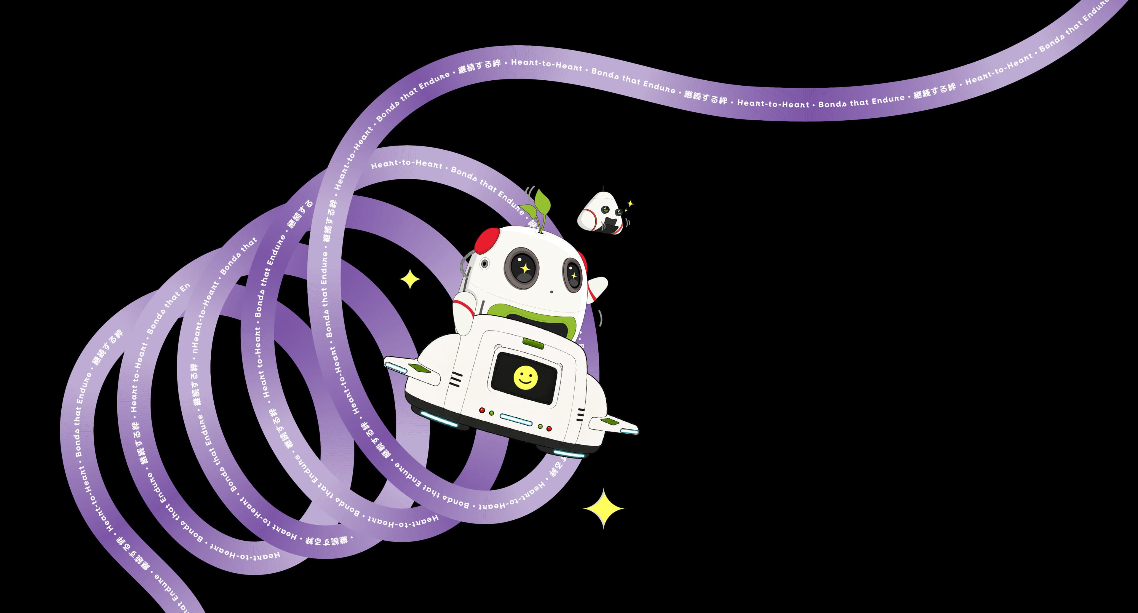 JABOT and KIBOT flying through a swirl of ribbon reading 'Heart-to-Heart, Bonds that Endure'